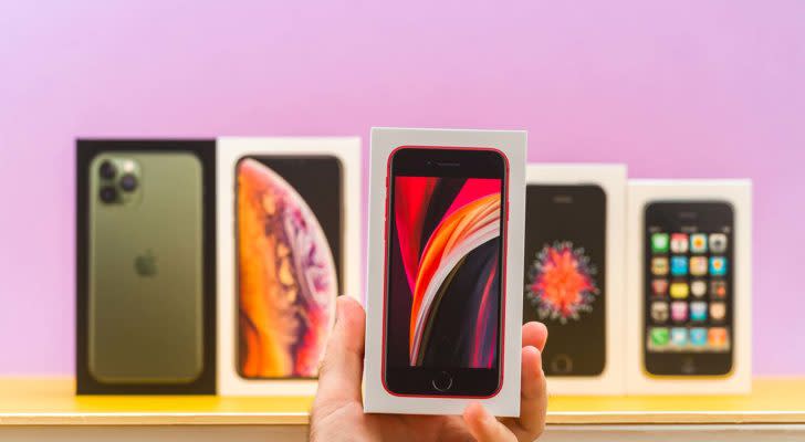 Earnings reports: A close-up shot of different Apple (AAPL) iPhones in front of a purple background.