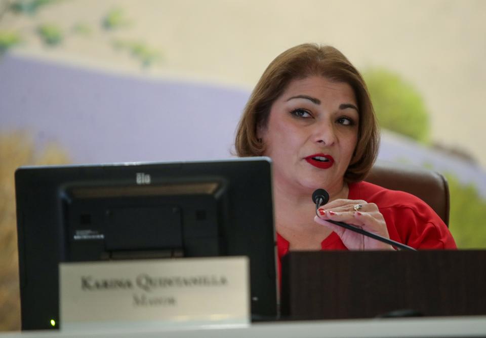 Newly sworn-in Palm Desert mayor Karina Quintanilla speaks during the city council meeting in Palm Desert, Calif., Dec. 14, 2023.