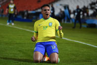 Brazil's Giovane celebrates after scoring his side's fourth goal against Dominican Republic during a FIFA U-20 World Cup Group D soccer match at the Mendoza Stadium in Mendoza, Argentina, Wednesday, May 24, 2023. (AP Photo/Natacha Pisarenko)