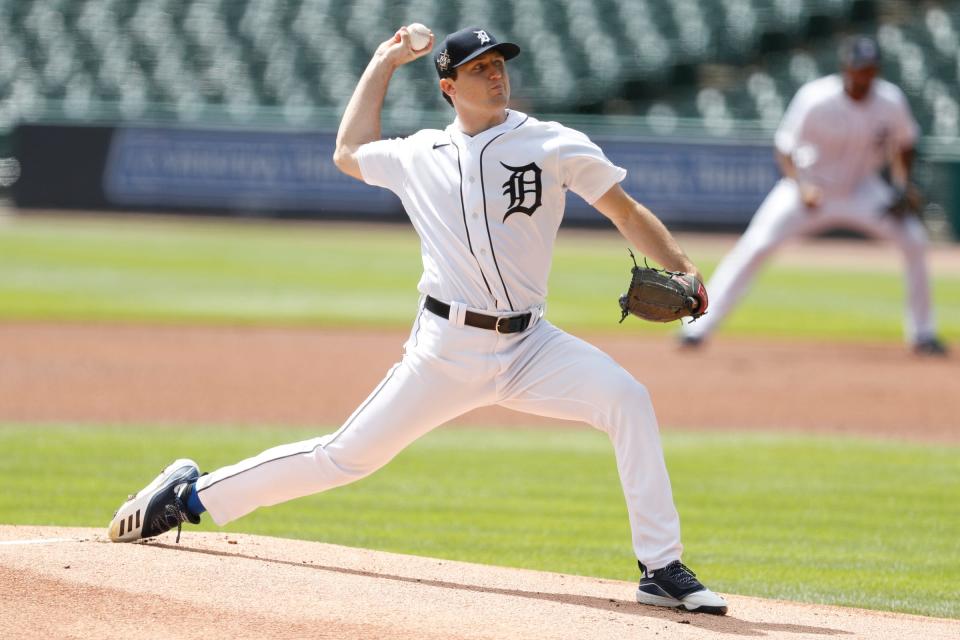 Detroit Tigers starting pitcher Casey Mize pitches during the first inning against the Minnesota Twins at Comerica Park, Aug. 30, 2020.