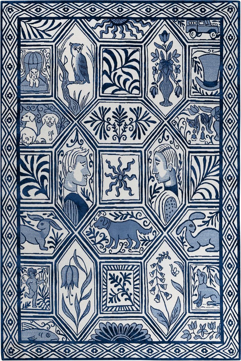 blue and white design rug that looks like delftware with faces and animals in blue frames
