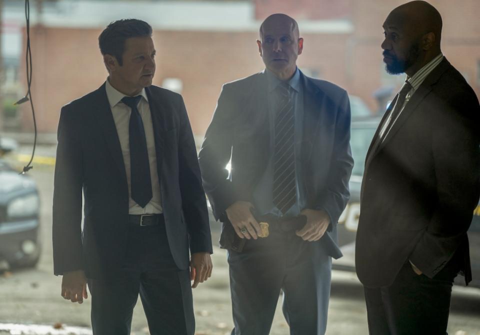 MAYOR OF KINGSTOWN: “Peace in the Valley”- (L-R) Jeremy Renner as Mike McLusky, Hugh Dillon as Ian and Derek Webster as Stevie in season 2, episode 9 of the Paramount + series MAYOR OF KINGSTOWN. Photo Cr: Dennis P. Mong Jr./Paramount + © 2022 Viacom International Inc. All Rights Reserved. Mayor of Kingstown and all related titles, logos and characters are trademarks of Viacom International Inc.