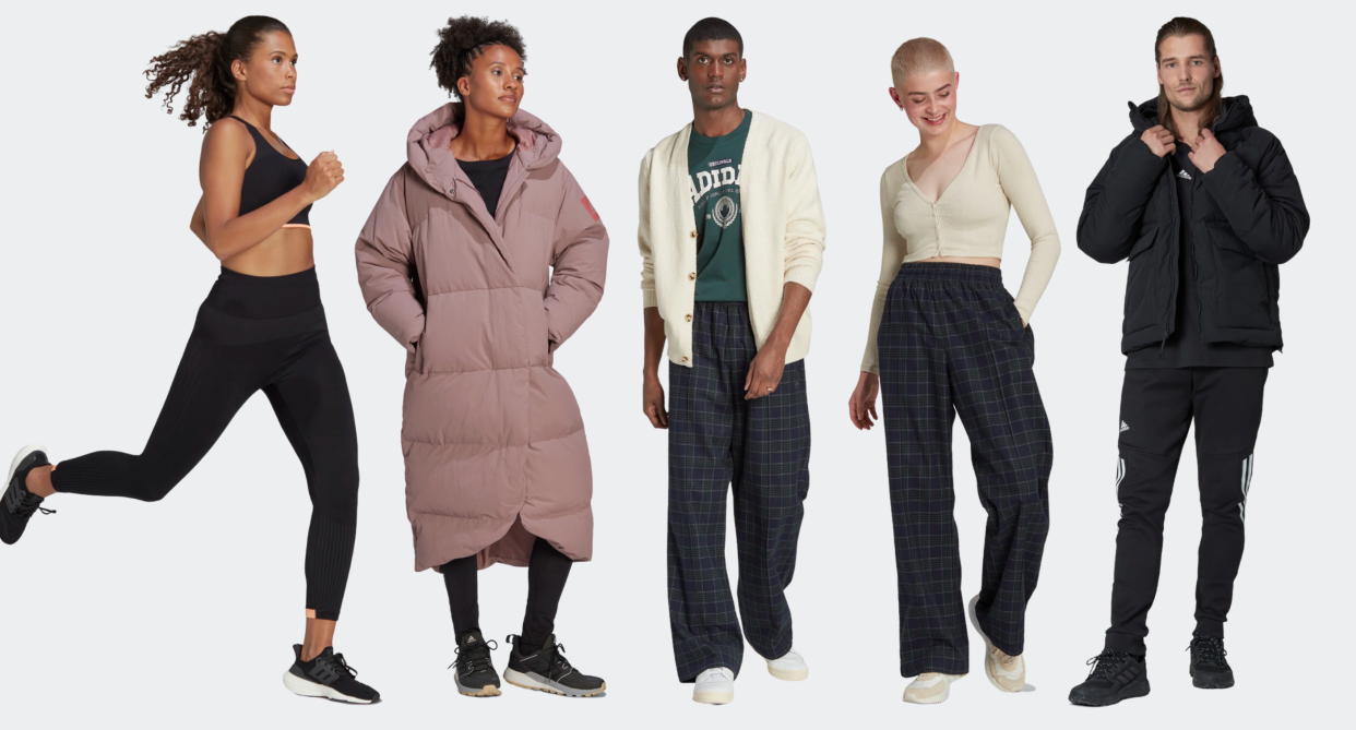 five adidas models wearing winter coats, leggings, unisex pants