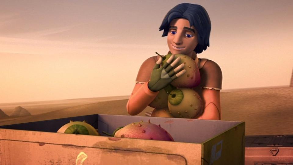 Ezra Bridger holding Meiloorun fruits from a crate on Star Wars Rebels