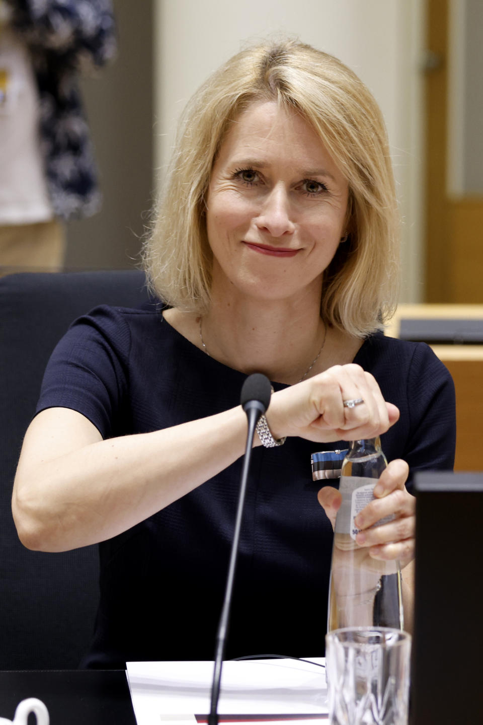 Estonia's Prime Minister Kaja Kallas waits for the start of a round table meeting at an EU summit in Brussels, Thursday, June 27, 2024. European Union leaders are expected on Thursday to discuss the next EU top jobs, as well as the situation in the Middle East and Ukraine, security and defence and EU competitiveness. (AP Photo/Omar Havana)