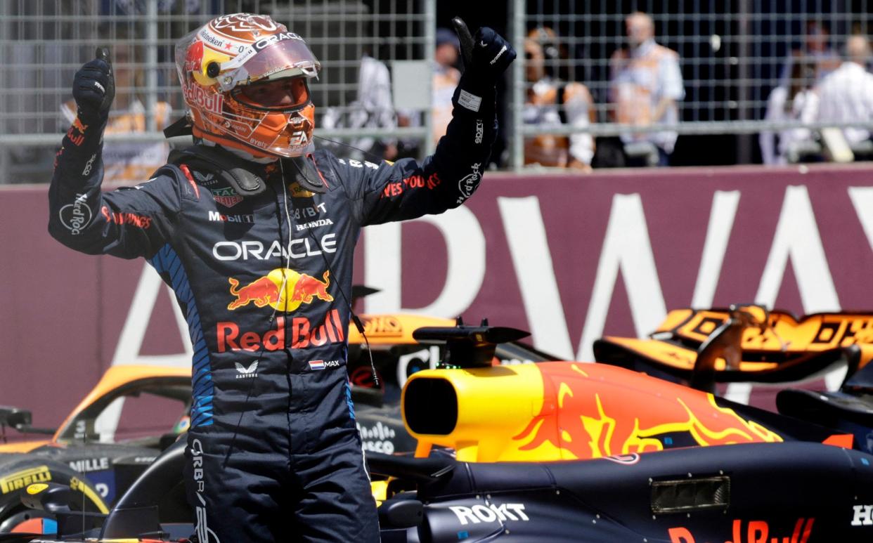 Max Verstappen celebrates winning the sprint race at the Austrian Grand Prix