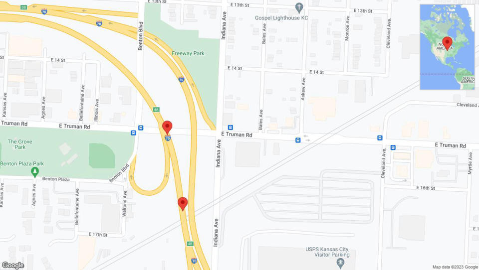 A detailed map that shows the affected road due to 'Broken down vehicle on eastbound I-70 in Kansas City' on October 2nd at 7:14 p.m.