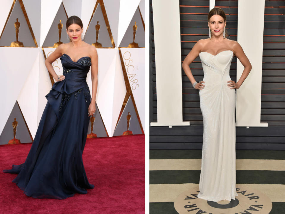 Before: Sofia Vergara in Marchesa. After: The presenter in a different (but similar) white gown.