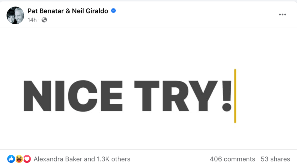 Pat Benatar and Neil Giraldo’s apparent response to Sen. Ted Cruz on their Facebook page