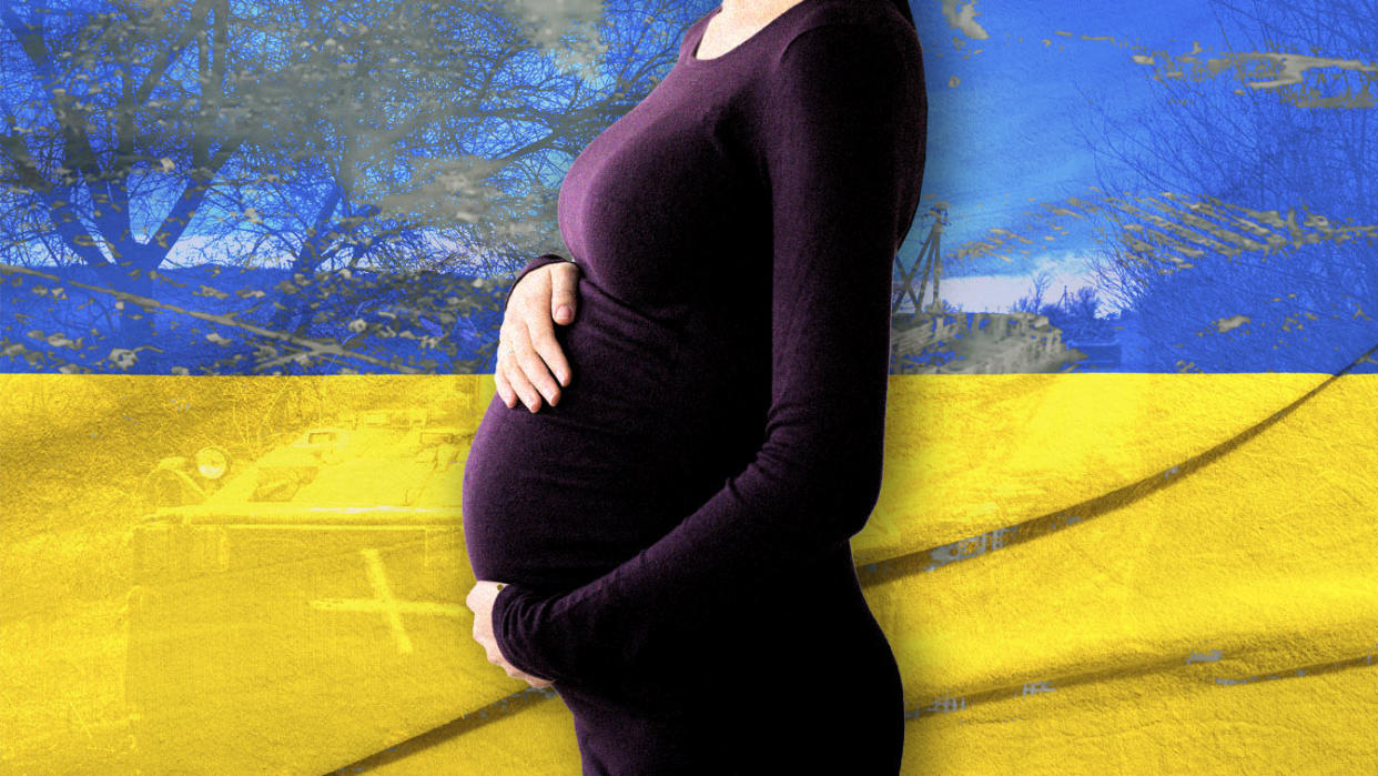 Photo illustration of pregnant woman in front of stylized Ukrainian flag.
