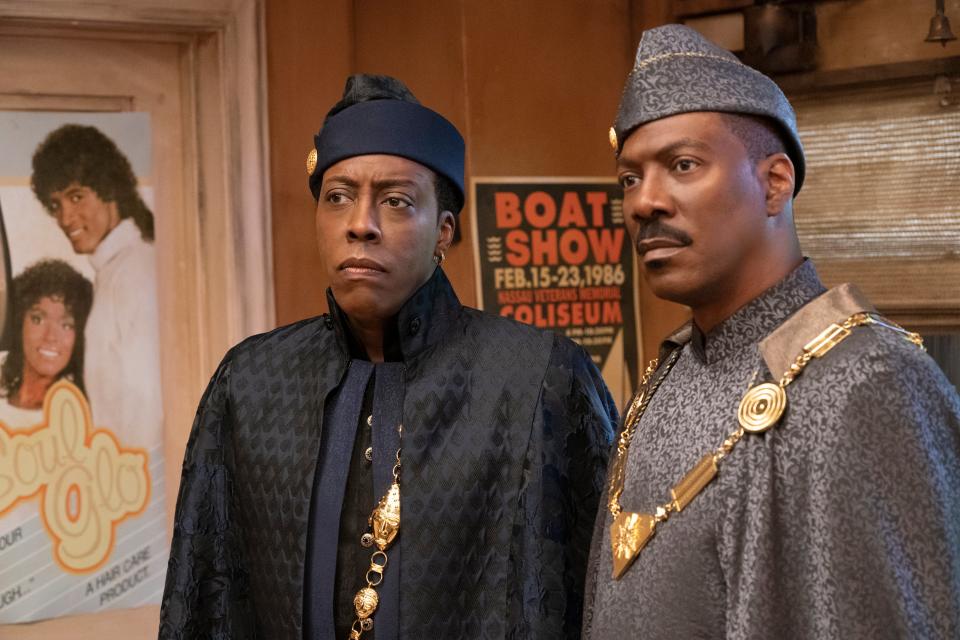 Eddie Murphy and Arsenio Hall are as buoyant as ever as Akeem and his aide SemmiAmazon Studios