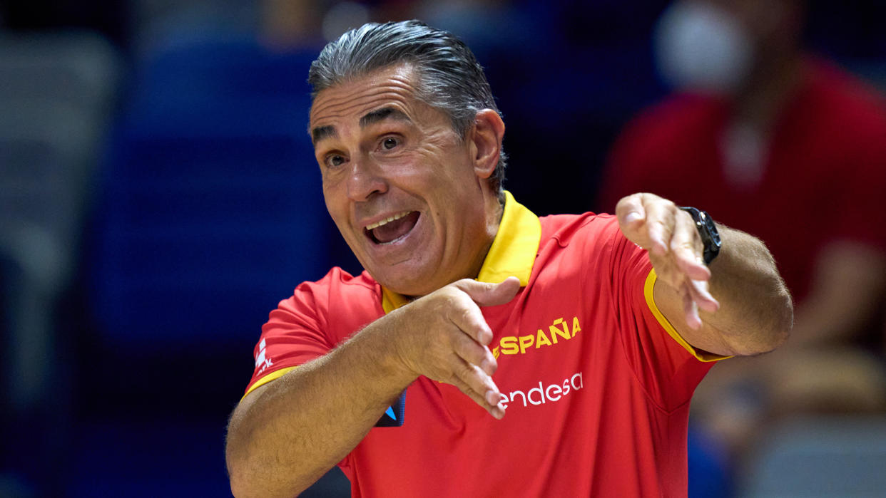 Spanish head coach Sergio Scariolo gestures to the referees. (Photo by Angel Martinez/Getty Images)