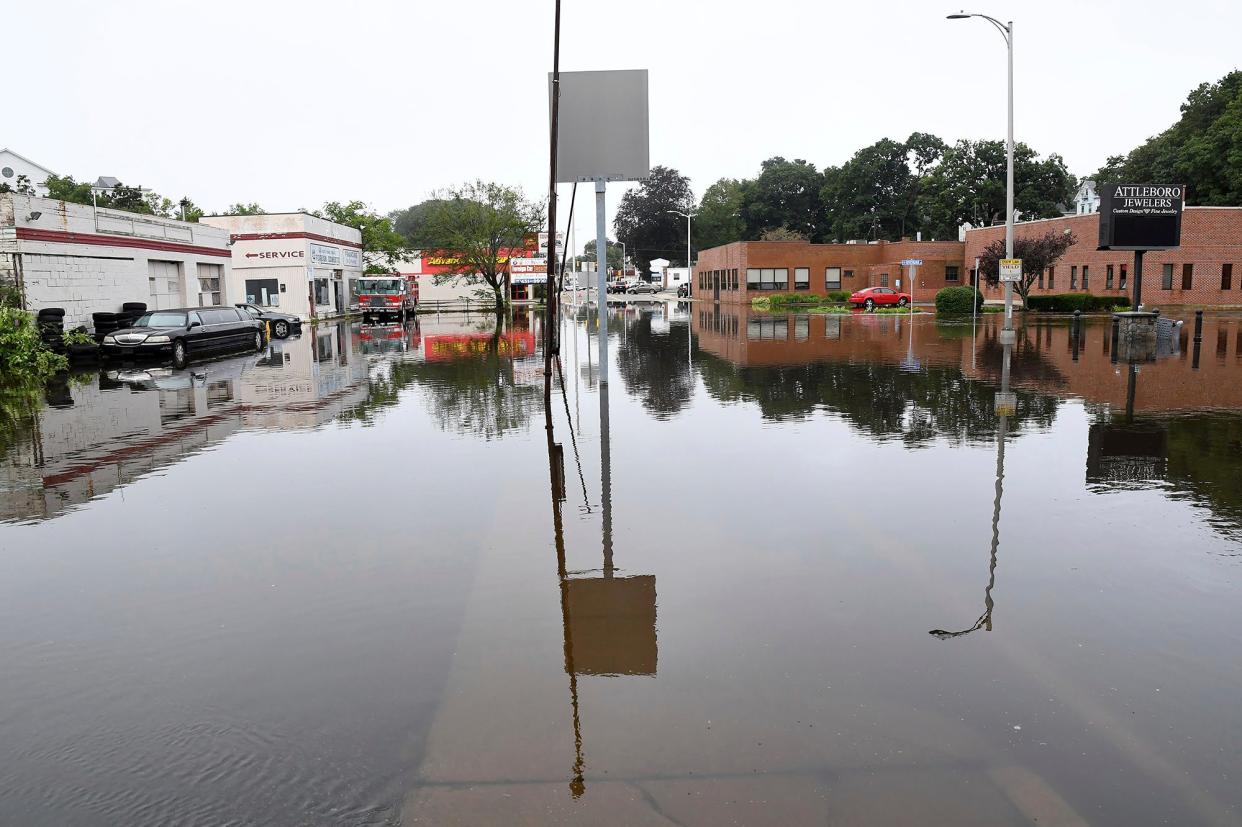 Businesses on County Street in Attleboro, Mass. remain closed due to flooding from heavy rain (Copyright 2023 The Associated Press. All rights reserved)