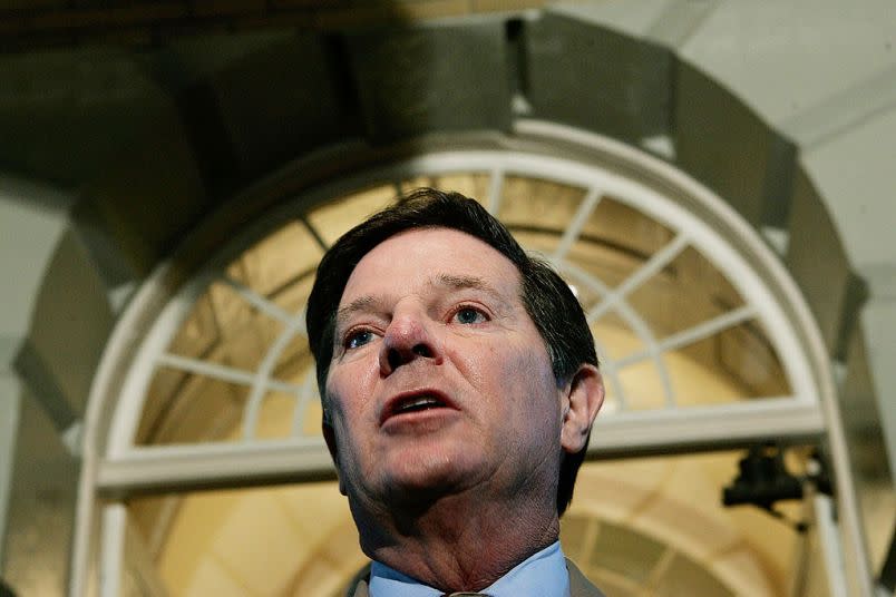 U.S. House Majority Leader Rep. Tom DeLay (R-TX) speaks to the news media at a briefing after a closed meeting with President George W. Bush on Capitol Hill July 27, 2005. (Photo by Alex Wong/Getty Images.)