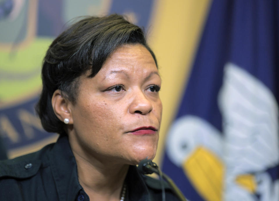 FILE - New Orleans Mayor LaToya Cantrell talks about evacuation plans at City Hall in New Orleans, Friday, Aug. 27, 2021. New Orleans is largely ending a mandate requiring residents and visitors wear masks indoors. The announcement Wednesday, Oct. 27 by Cantrell comes as infections of the highly contagious delta variant of the coronavirus continue to fall. (Max Becherer/The Times-Picayune/The New Orleans Advocate via AP, File)