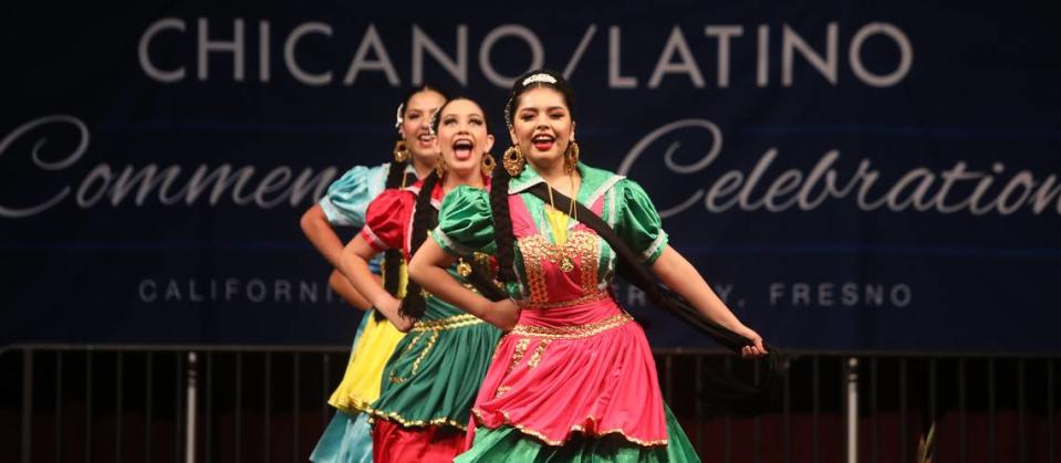 Los Danzantes de Aztlán performed during the 47th Chicano/Latino Commencement Celebration at the Save Mart Center on May 20, 2023.