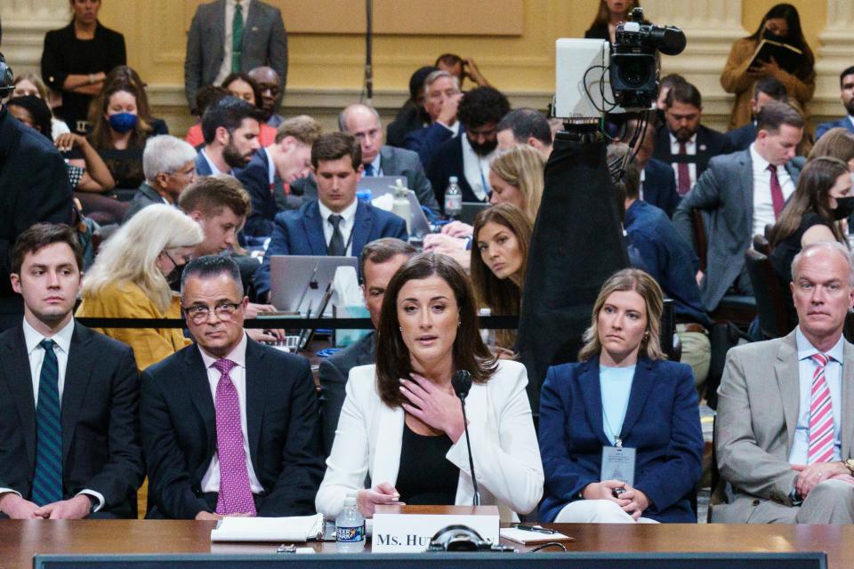 Cassidy Hutchinson, a top former aide to Trump White House Chief of Staff Mark Meadows, describes the actions of former President Donald Trump as she testifies during the sixth hearing held by the Select Committee to Investigate the Jan. 6, 2021 attack on the U.S. Capitol.