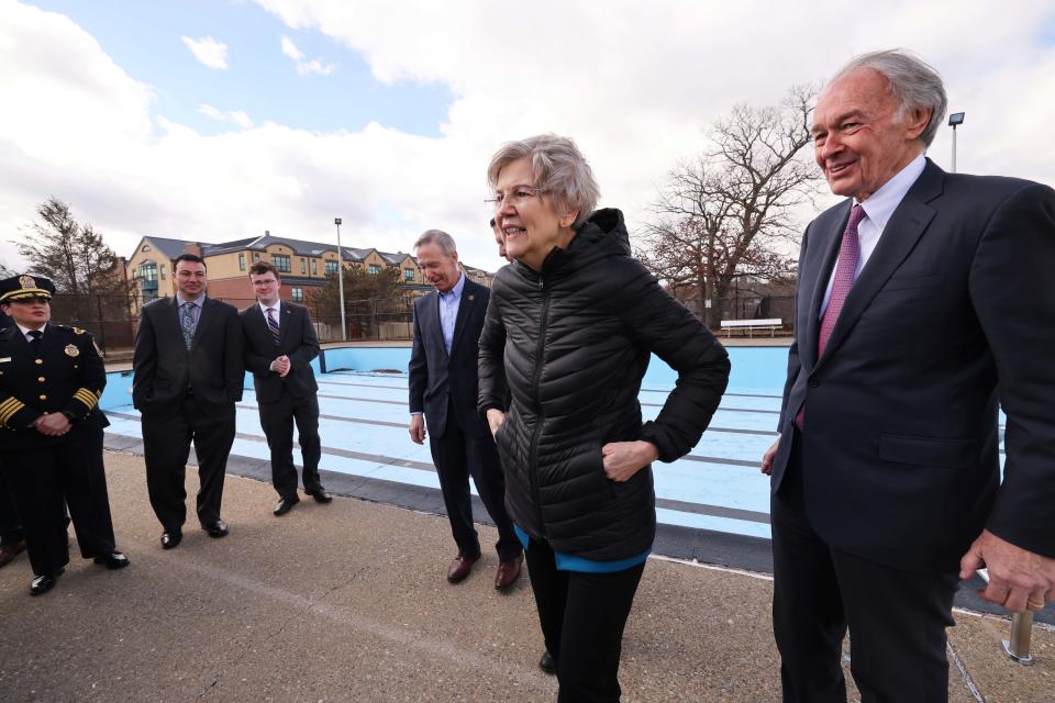 From center left, U.S. Rep. Stephen Lynch and U.S. senators Elizabeth Warren and Ed Markey visited the Cosgrove Pool in Brockton on Friday, Feb. 24, 2023. The delegation was in city to celebrate securing $11 million for various Brockton projects, including a $3 million makeover of the pool.