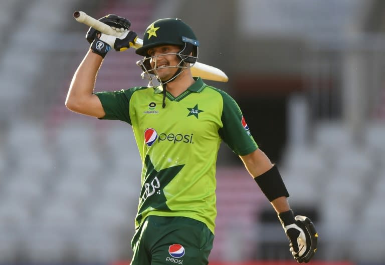 Pakistan&#39;s Haider Ali celebrates reaching his half-century against England