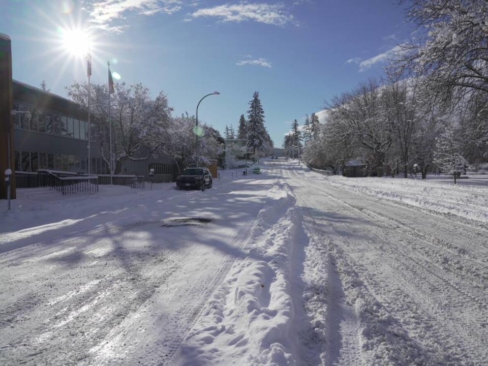 An Arctic air mass that settled over much of B.C. Saturday brought unseasonably low temperatures, as well as blowing snow in parts of the B.C. Interior like Cranbrook, pictured here. (Corey Bullock/CBC - image credit)