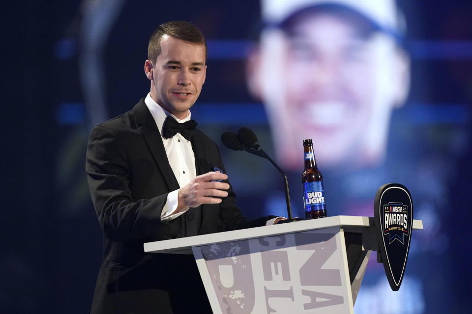 NASCAR Truck Series champion Ben Rhodes speaks during the NASCAR Awards on Thursday, Dec. 2, 2021, in Nashville, Tenn. (AP Photo/Mark Humphrey)