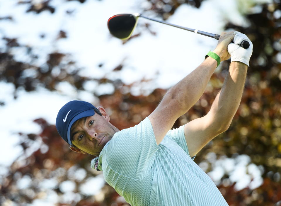 Rory McIlroy, of Northern Ireland, watches his tee shot on the 17th hole during the second round of the Canadian Open golf tournament in Ancaster, Ontario, Friday, June 7, 2019. (Nathan Denette/The Canadian Press via AP)