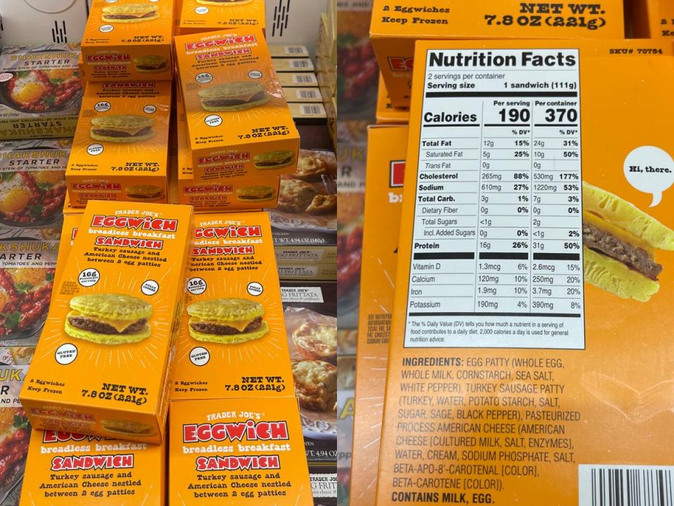 Boxes of eggwiches at Trader Joe's, Nutrition facts on eggwich box