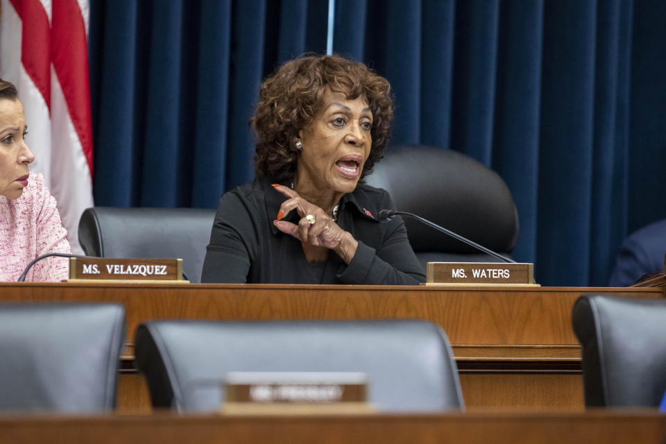 Rep. Maxine Waters, D-Calif., speaks before the House Financial Services Committee during a hearing regarding the state of the international financial system at the Capitol in Washington, Tuesday, June 13, 2023. (AP Photo/Amanda Andrade-Rhoades)