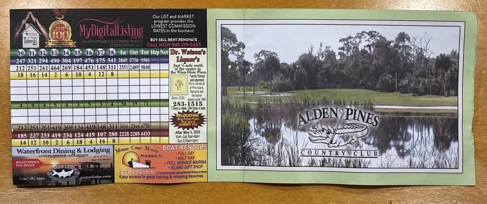 Scorecard for Alden Pines, an 18-hole, par-71 course that covers more than 5,000 yards from the men’s tees.