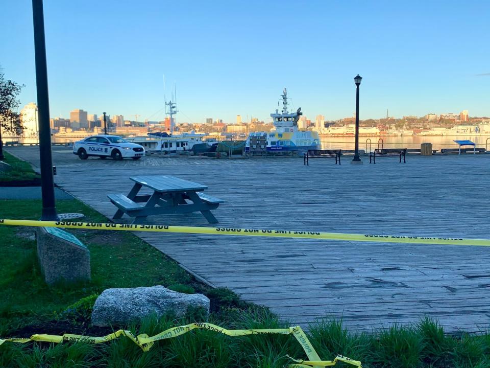 Halifax Regional Police have secured a large area with tape at Alderney Landing Thursday morning, after a man was shot Wednesday evening.