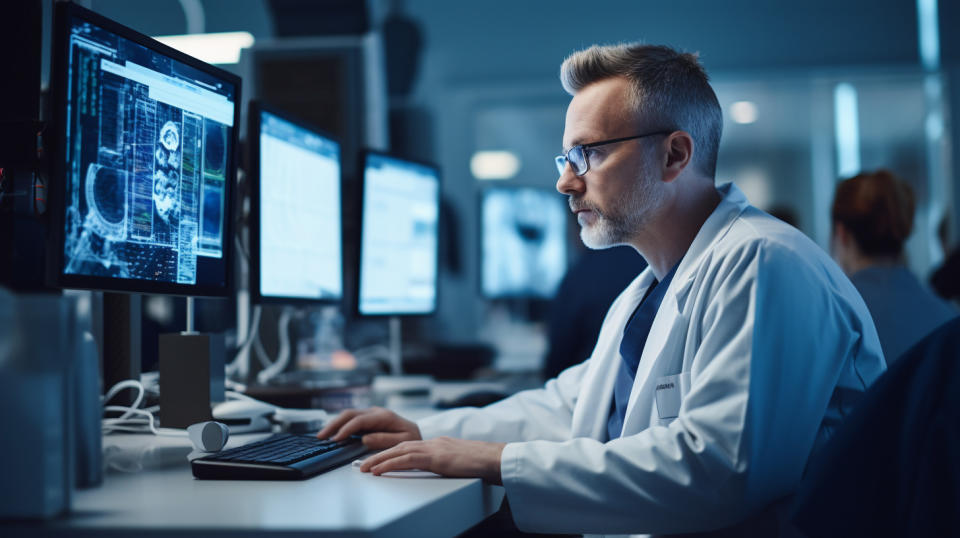 A healthcare professional working on a computer terminal with a patient in the background.