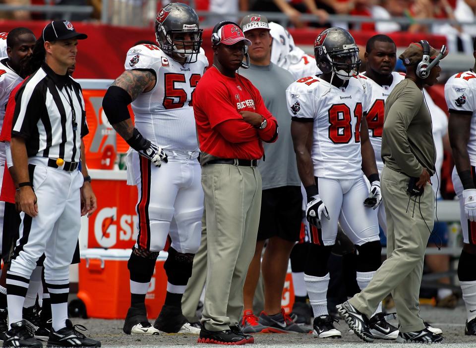 TAMPA, FL - SEPTEMBER 26:  Head coach Raheem Morris of the Tampa Bay Buccaneers watches his team against the Pittsburgh Steelers during the game at Raymond James Stadium on September 26, 2010 in Tampa, Florida.  (Photo by J. Meric/Getty Images)