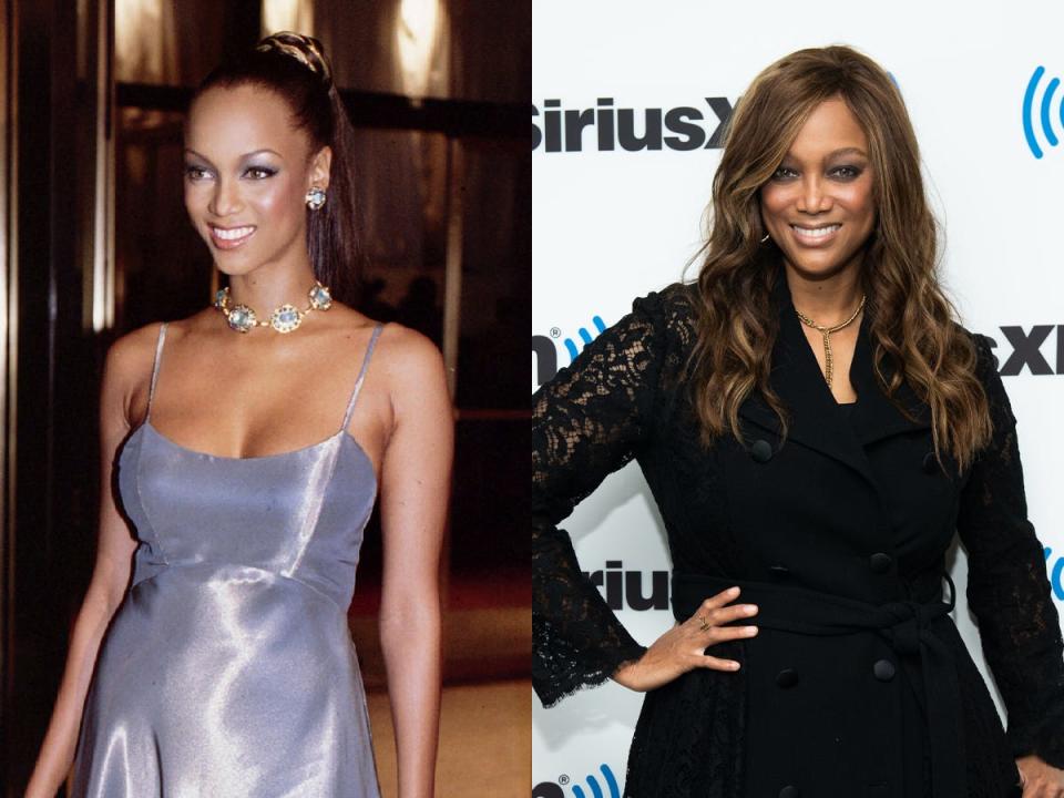 Tyra Banks in 1995 and on a red carpet in 2022