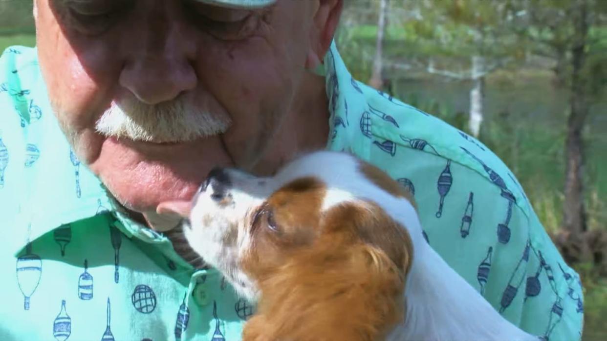 Gunner licks Richard Wilbanks' face after Wilbanks rescued him from a gator's mouth. (WBBH)