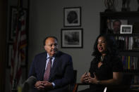 Martin Luther King III, left, and Arndrea Waters King sit for an interview with the Associated Press on Wednesday, Aug. 16, 2023, in Atlanta. (AP Photo/Brynn Anderson)