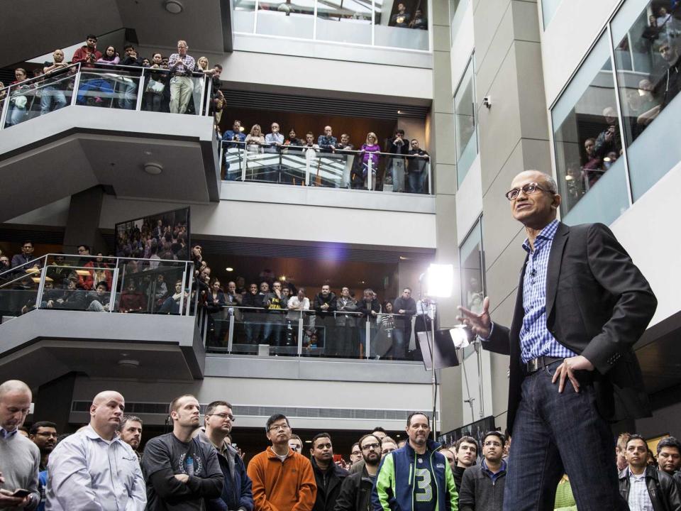 Microsoft Satya Nadella talks to troops