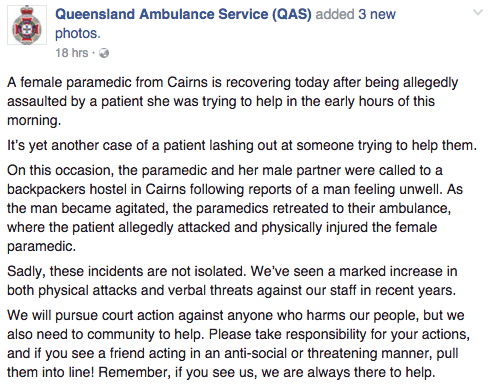 QAS shared the incident on Facebook, commenting that they were disappointed at how often they occurred.