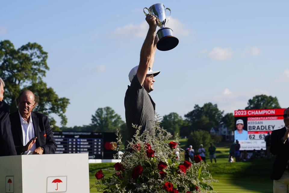 Keegan Bradley celebrates winning the Travelers Championship golf tournament at TPC River Highlands, Sunday, June 25, 2023, in Cromwell, Conn. (AP Photo/Frank Franklin II)