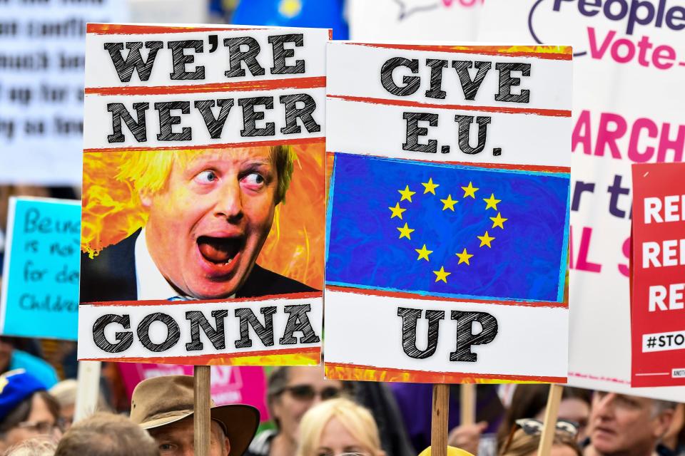 Demonstrators hold placards and EU and Union flags as they take part in a march by the People's Vote organisation in central London on October 19, 2019, calling for a final say in a second referendum on Brexit. Photo: NIKLAS HALLE'N/AFP via Getty Images