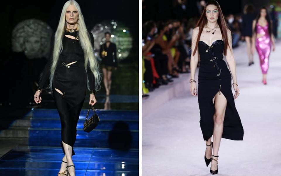 Kristen McMenamy in Kim Jones’ take on the safety-pin dress (left) and Gigi Hadid in the Versace spring/summer 2022 show on Friday (right) - Getty