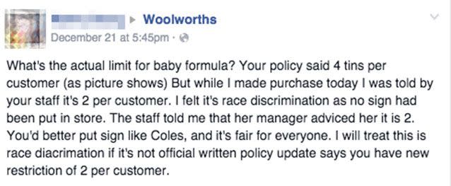 One customer wondered whether Woolies was intentionally discriminating against Chinese customers. Source: Facebook