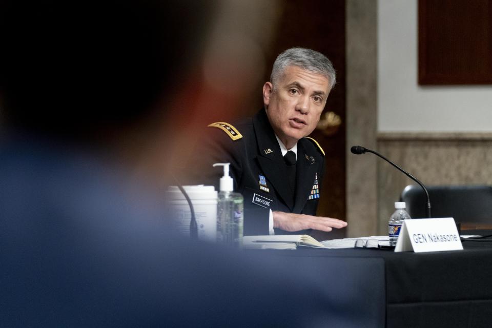 Gen. Paul Nakasone, director of the National Security Agency and commander of U.S. Cyber Command, speaks during a Senate Armed Services Committee hearing. (Andrew Harnik/AP/Bloomberg via Getty Images)