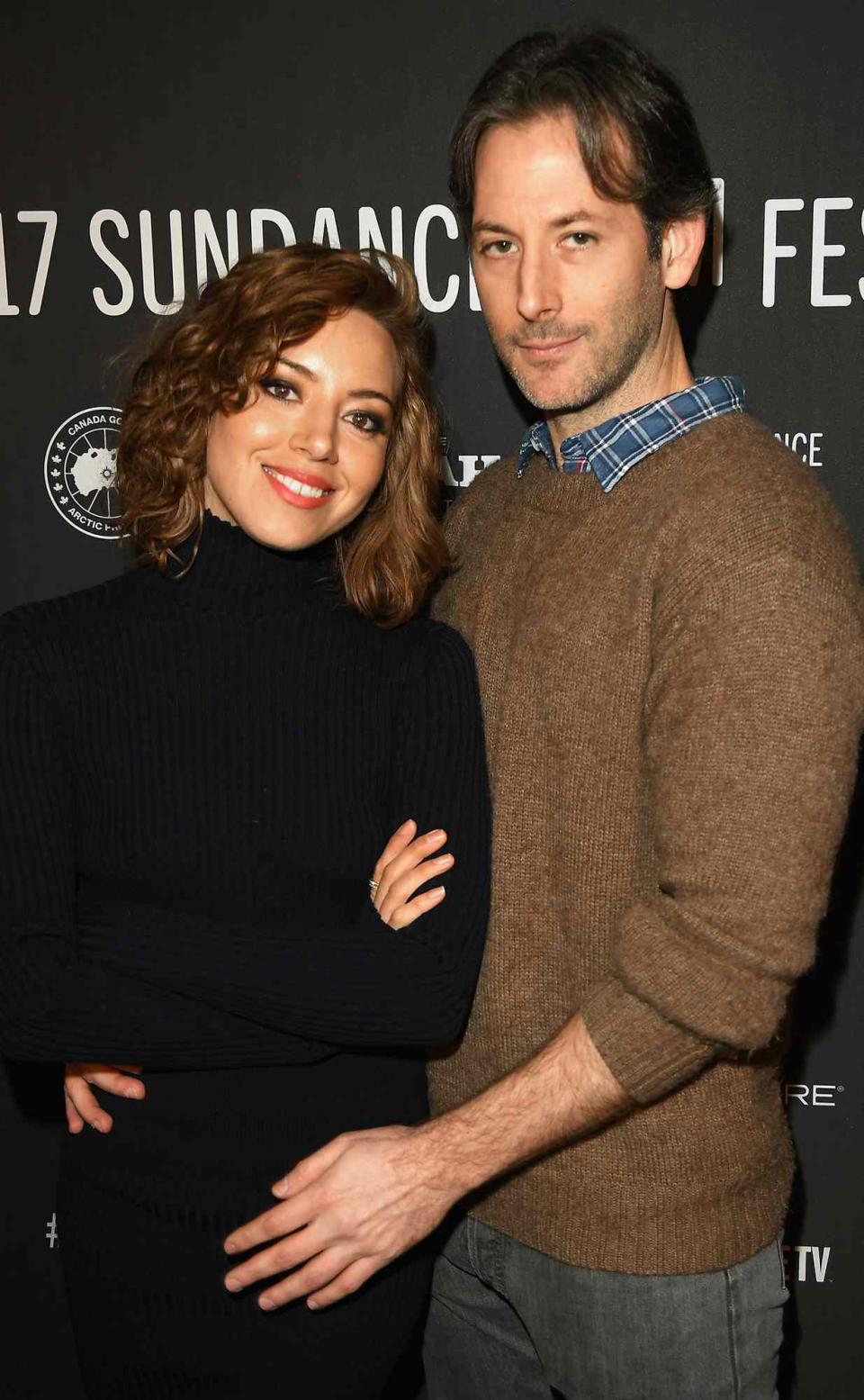 Aubrey Plaza (L) and director Jeff Baena attend "The Little Hours" premiere during day 1 of the 2017 Sundance Film Festival at Library Center Theater on January 19, 2017 in Park City, Utah