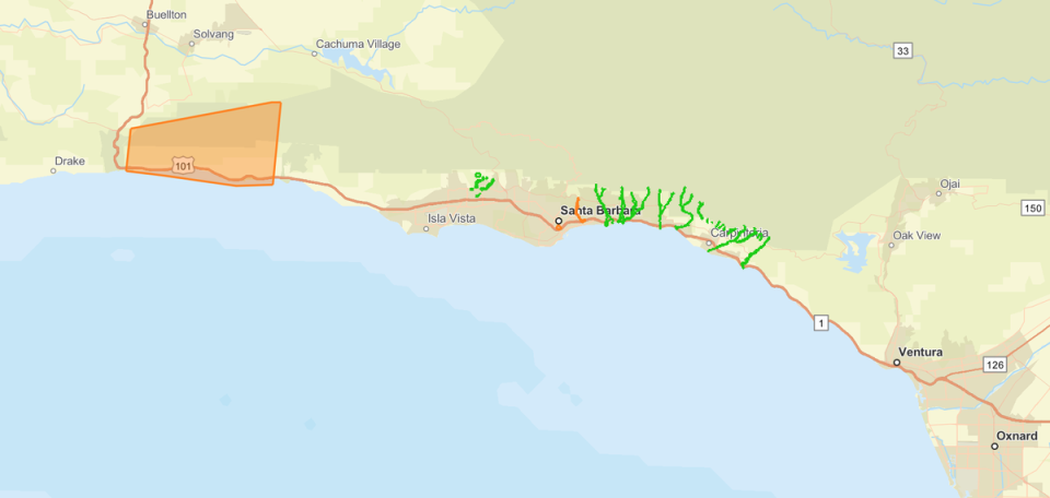 A map of evacuation orders in Santa Barbara County as of Tuesday morning. Active evacuation orders are in orange, while cancelled evacuation orders are in green. (Santa Barbara County Office of Emergency Management)