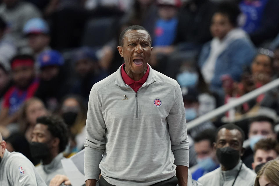 Detroit Pistons head coach Dwane Casey yells from the sideline during the first half of an NBA basketball game against the Chicago Bulls, Wednesday, Oct. 20, 2021, in Detroit. (AP Photo/Carlos Osorio)