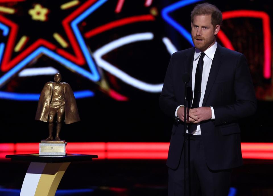 Prince Harry, Duke of Sussex presents the Walter Payton Man of the Year Award at the 13th Annual NFL Honors on February 8, 2024 in Las Vegas, Nevada [Photo by Perry Knotts/Getty Images].