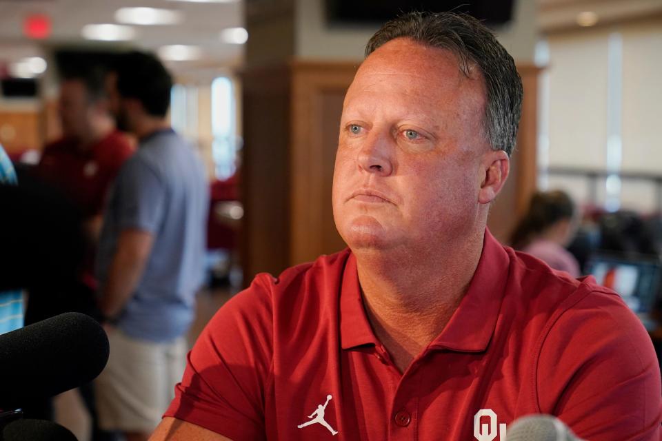 Former Oklahoma offensive coach Cale Gundy speaks during media day on Aug. 2 in Norman, Okla. Gundy announced his resignation after using offensive language during a film session. (AP Photo/Sue Ogrocki)