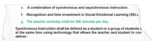 On Aug. 1, 2020, the district sent the union a draft of a side letter saying teachers “shall” work six hours a day. Later that day, the union sent it back with the line crossed out, pushing for an average of six hours. (Parent Revolution)