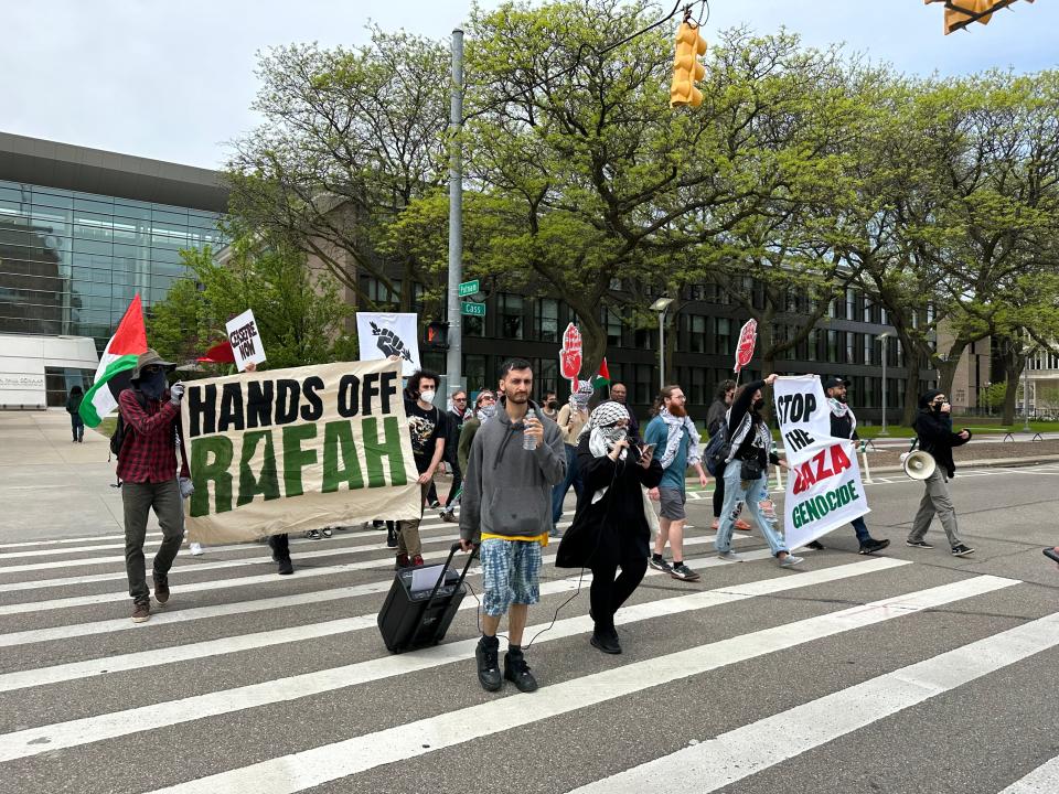 Protesters call for a “Free Palestine” during Vice President Kamala Harris’s visit to Detroit. Protesters kicked off speeches at the Purdy Kresge Library and marched to the Wright Museum demanding a ceasefire.