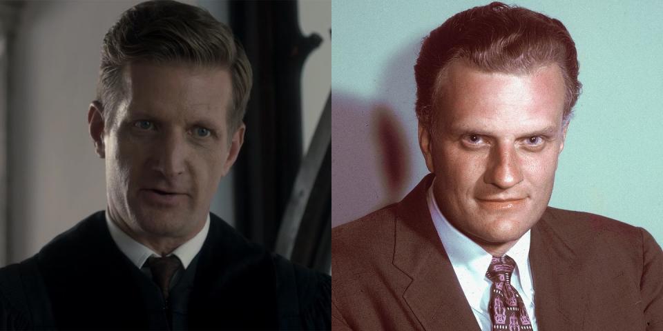 <p>Paul Sparks is Billy Graham, the American evangelist whose sermons, which were widely broadcasted on TV and radio, eventually caught the attention of Queen Elizabeth II. In 1997, Graham <a href="https://billygraham.org/story/billy-graham-and-the-queen/" rel="nofollow noopener" target="_blank" data-ylk="slk:wrote in his autobiography;elm:context_link;itc:0;sec:content-canvas" class="link ">wrote in his autobiography</a>, “No one in Britain has been more cordial toward us than Her Majesty Queen Elizabeth II. Almost every occasion I have been with her has been in a warm, informal setting, such as a luncheon or dinner, either alone or with a few family members or other close friends.” </p>